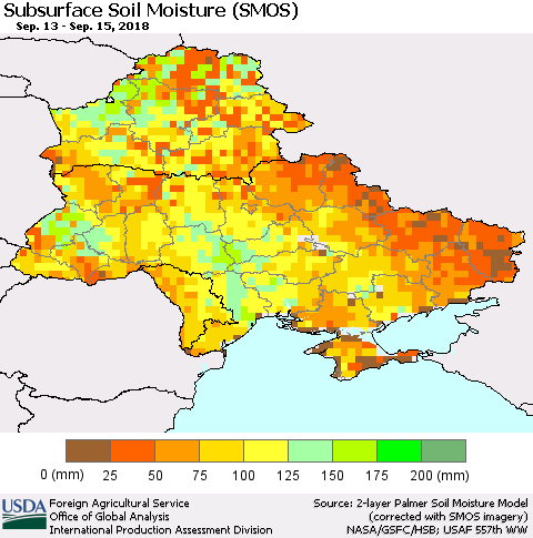 Ukraine, Moldova and Belarus Subsurface Soil Moisture (SMOS) Thematic Map For 9/10/2018 - 9/16/2018