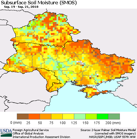 Ukraine, Moldova and Belarus Subsurface Soil Moisture (SMOS) Thematic Map For 9/17/2018 - 9/23/2018