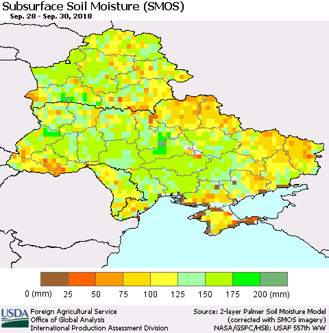 Ukraine, Moldova and Belarus Subsurface Soil Moisture (SMOS) Thematic Map For 9/24/2018 - 9/30/2018