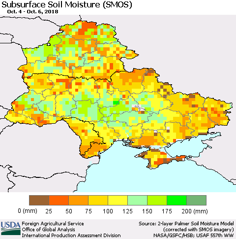 Ukraine, Moldova and Belarus Subsurface Soil Moisture (SMOS) Thematic Map For 10/1/2018 - 10/7/2018