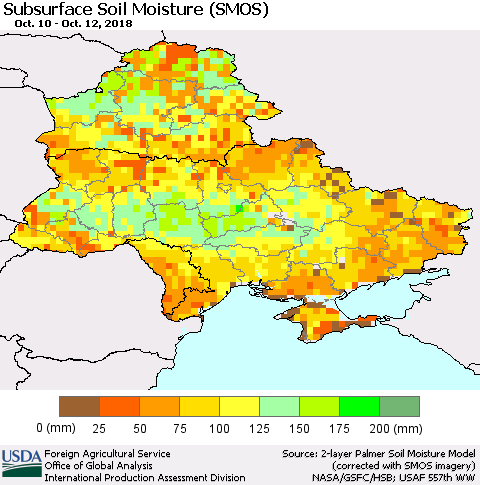 Ukraine, Moldova and Belarus Subsurface Soil Moisture (SMOS) Thematic Map For 10/8/2018 - 10/14/2018