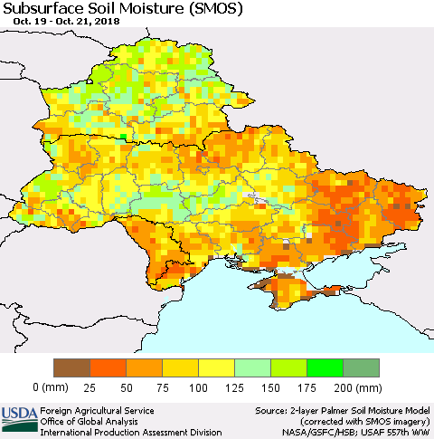 Ukraine, Moldova and Belarus Subsurface Soil Moisture (SMOS) Thematic Map For 10/15/2018 - 10/21/2018