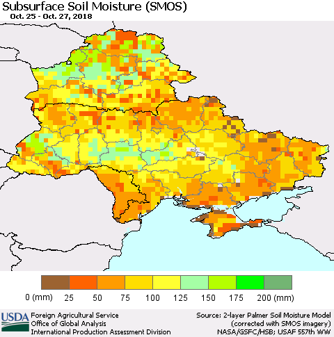 Ukraine, Moldova and Belarus Subsurface Soil Moisture (SMOS) Thematic Map For 10/22/2018 - 10/28/2018