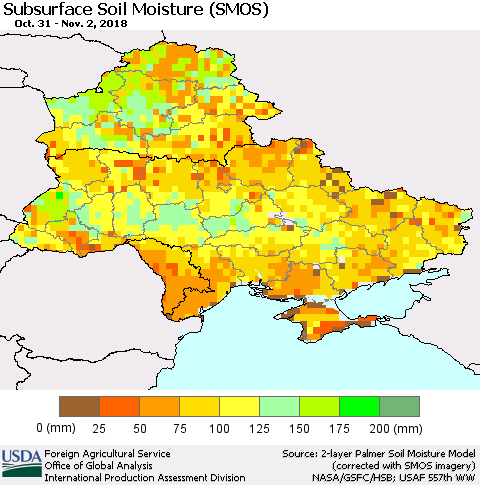 Ukraine, Moldova and Belarus Subsurface Soil Moisture (SMOS) Thematic Map For 10/29/2018 - 11/4/2018