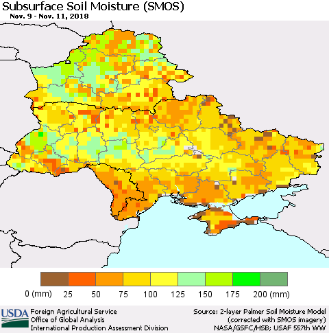 Ukraine, Moldova and Belarus Subsurface Soil Moisture (SMOS) Thematic Map For 11/5/2018 - 11/11/2018