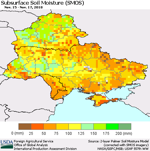 Ukraine, Moldova and Belarus Subsurface Soil Moisture (SMOS) Thematic Map For 11/12/2018 - 11/18/2018
