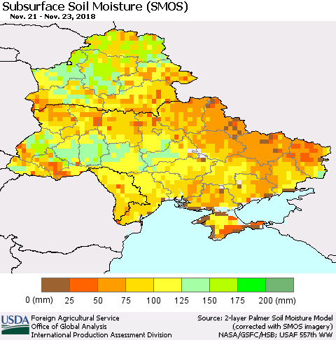 Ukraine, Moldova and Belarus Subsurface Soil Moisture (SMOS) Thematic Map For 11/19/2018 - 11/25/2018