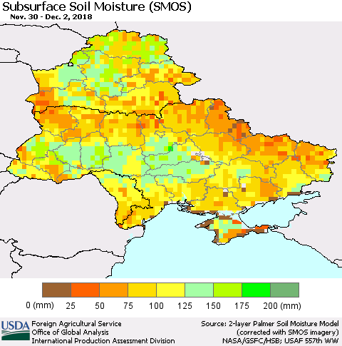 Ukraine, Moldova and Belarus Subsurface Soil Moisture (SMOS) Thematic Map For 11/26/2018 - 12/2/2018