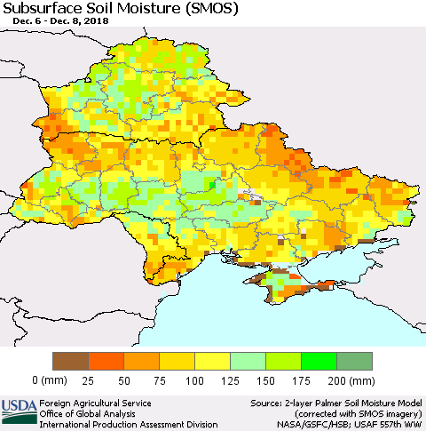 Ukraine, Moldova and Belarus Subsurface Soil Moisture (SMOS) Thematic Map For 12/3/2018 - 12/9/2018