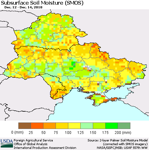 Ukraine, Moldova and Belarus Subsurface Soil Moisture (SMOS) Thematic Map For 12/10/2018 - 12/16/2018