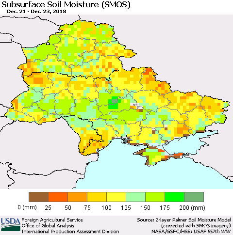 Ukraine, Moldova and Belarus Subsurface Soil Moisture (SMOS) Thematic Map For 12/17/2018 - 12/23/2018