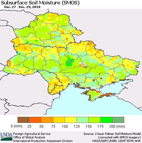 Ukraine, Moldova and Belarus Subsurface Soil Moisture (SMOS) Thematic Map For 12/24/2018 - 12/30/2018