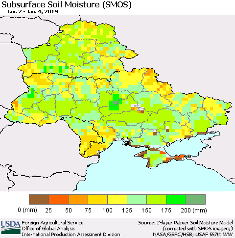 Ukraine, Moldova and Belarus Subsurface Soil Moisture (SMOS) Thematic Map For 12/31/2018 - 1/6/2019