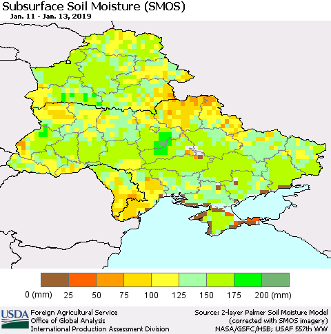 Ukraine, Moldova and Belarus Subsurface Soil Moisture (SMOS) Thematic Map For 1/7/2019 - 1/13/2019