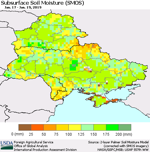 Ukraine, Moldova and Belarus Subsurface Soil Moisture (SMOS) Thematic Map For 1/14/2019 - 1/20/2019