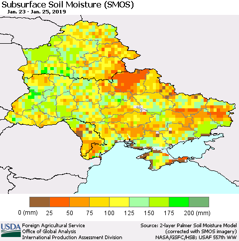 Ukraine, Moldova and Belarus Subsurface Soil Moisture (SMOS) Thematic Map For 1/21/2019 - 1/27/2019