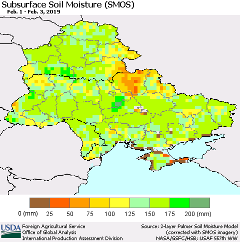 Ukraine, Moldova and Belarus Subsurface Soil Moisture (SMOS) Thematic Map For 1/28/2019 - 2/3/2019