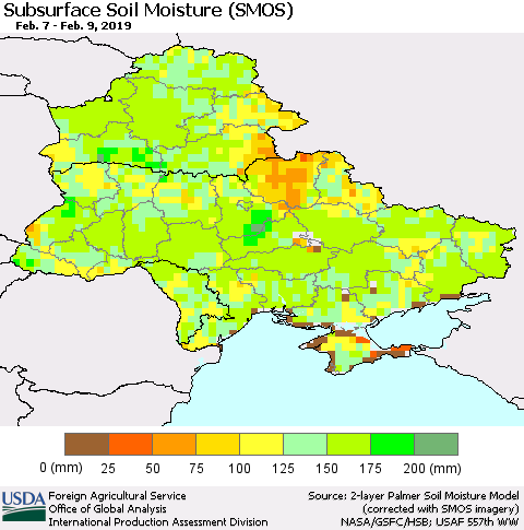 Ukraine, Moldova and Belarus Subsurface Soil Moisture (SMOS) Thematic Map For 2/4/2019 - 2/10/2019