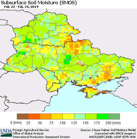 Ukraine, Moldova and Belarus Subsurface Soil Moisture (SMOS) Thematic Map For 2/18/2019 - 2/24/2019