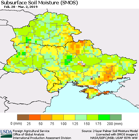 Ukraine, Moldova and Belarus Subsurface Soil Moisture (SMOS) Thematic Map For 2/25/2019 - 3/3/2019