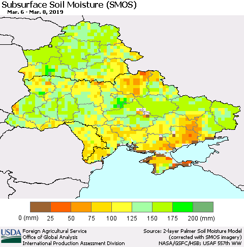 Ukraine, Moldova and Belarus Subsurface Soil Moisture (SMOS) Thematic Map For 3/4/2019 - 3/10/2019