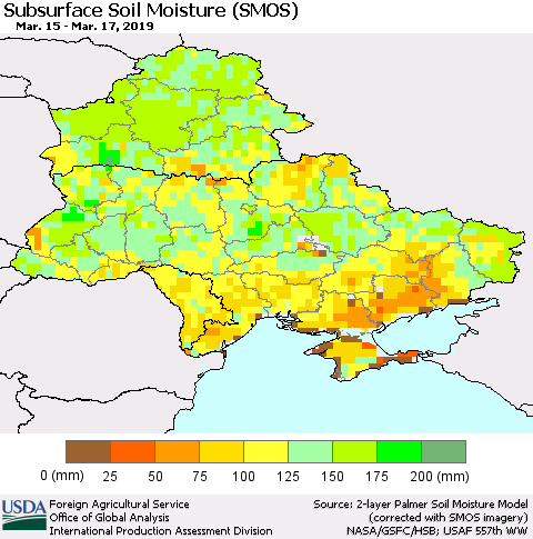 Ukraine, Moldova and Belarus Subsurface Soil Moisture (SMOS) Thematic Map For 3/11/2019 - 3/17/2019