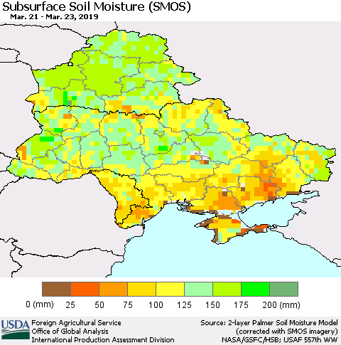 Ukraine, Moldova and Belarus Subsurface Soil Moisture (SMOS) Thematic Map For 3/18/2019 - 3/24/2019