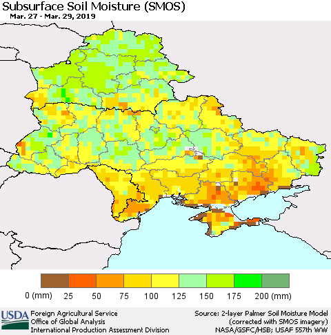 Ukraine, Moldova and Belarus Subsurface Soil Moisture (SMOS) Thematic Map For 3/25/2019 - 3/31/2019