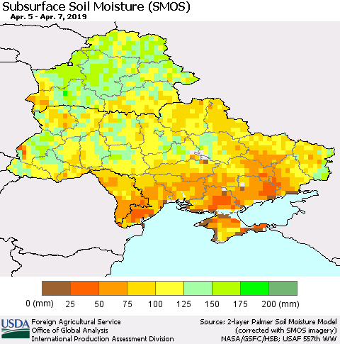 Ukraine, Moldova and Belarus Subsurface Soil Moisture (SMOS) Thematic Map For 4/1/2019 - 4/7/2019