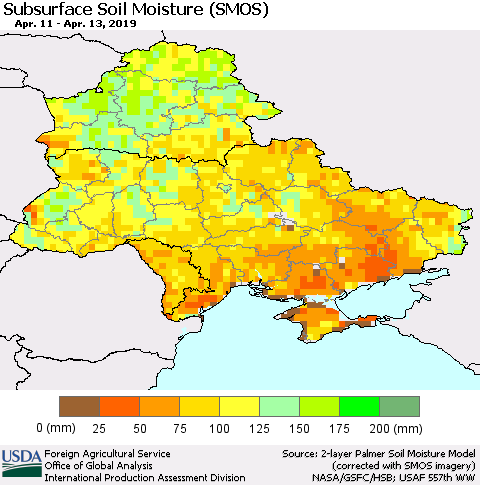 Ukraine, Moldova and Belarus Subsurface Soil Moisture (SMOS) Thematic Map For 4/8/2019 - 4/14/2019