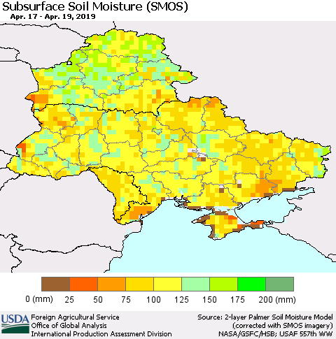 Ukraine, Moldova and Belarus Subsurface Soil Moisture (SMOS) Thematic Map For 4/15/2019 - 4/21/2019