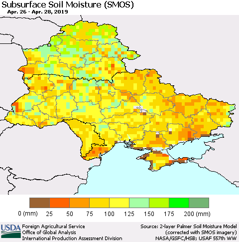 Ukraine, Moldova and Belarus Subsurface Soil Moisture (SMOS) Thematic Map For 4/22/2019 - 4/28/2019
