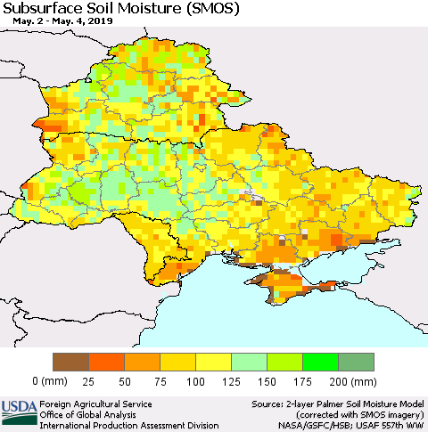Ukraine, Moldova and Belarus Subsurface Soil Moisture (SMOS) Thematic Map For 4/29/2019 - 5/5/2019