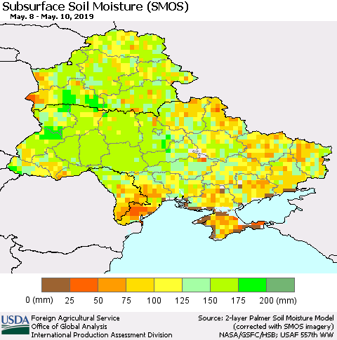 Ukraine, Moldova and Belarus Subsurface Soil Moisture (SMOS) Thematic Map For 5/6/2019 - 5/12/2019