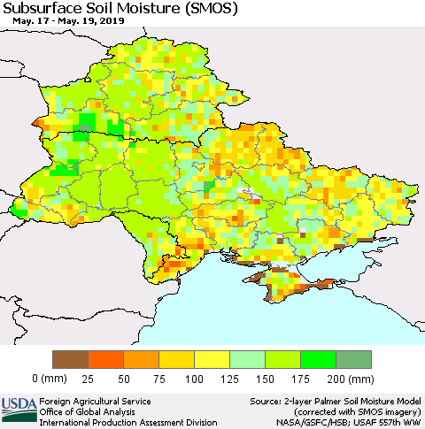 Ukraine, Moldova and Belarus Subsurface Soil Moisture (SMOS) Thematic Map For 5/13/2019 - 5/19/2019