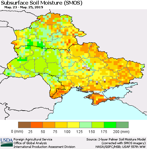 Ukraine, Moldova and Belarus Subsurface Soil Moisture (SMOS) Thematic Map For 5/20/2019 - 5/26/2019