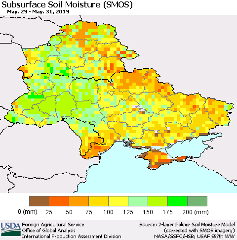 Ukraine, Moldova and Belarus Subsurface Soil Moisture (SMOS) Thematic Map For 5/27/2019 - 6/2/2019