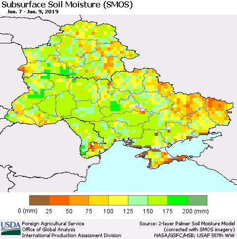 Ukraine, Moldova and Belarus Subsurface Soil Moisture (SMOS) Thematic Map For 6/3/2019 - 6/9/2019