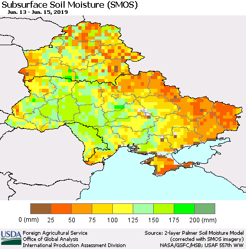 Ukraine, Moldova and Belarus Subsurface Soil Moisture (SMOS) Thematic Map For 6/10/2019 - 6/16/2019