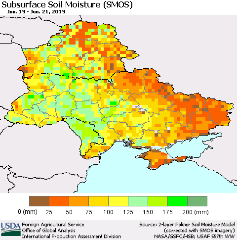 Ukraine, Moldova and Belarus Subsurface Soil Moisture (SMOS) Thematic Map For 6/17/2019 - 6/23/2019