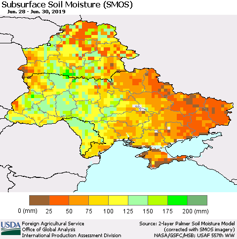 Ukraine, Moldova and Belarus Subsurface Soil Moisture (SMOS) Thematic Map For 6/24/2019 - 6/30/2019