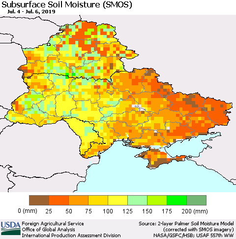 Ukraine, Moldova and Belarus Subsurface Soil Moisture (SMOS) Thematic Map For 7/1/2019 - 7/7/2019