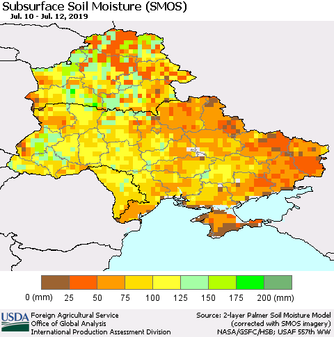 Ukraine, Moldova and Belarus Subsurface Soil Moisture (SMOS) Thematic Map For 7/8/2019 - 7/14/2019