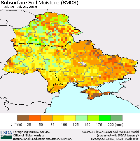 Ukraine, Moldova and Belarus Subsurface Soil Moisture (SMOS) Thematic Map For 7/15/2019 - 7/21/2019