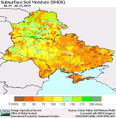 Ukraine, Moldova and Belarus Subsurface Soil Moisture (SMOS) Thematic Map For 7/22/2019 - 7/28/2019