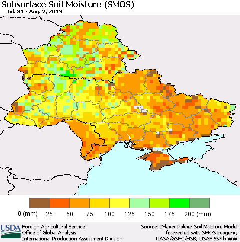 Ukraine, Moldova and Belarus Subsurface Soil Moisture (SMOS) Thematic Map For 7/29/2019 - 8/4/2019