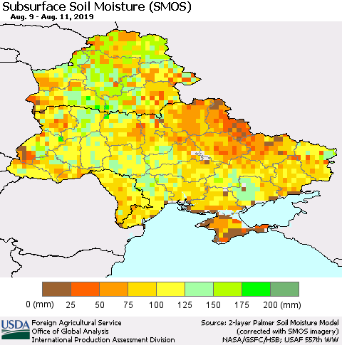 Ukraine, Moldova and Belarus Subsurface Soil Moisture (SMOS) Thematic Map For 8/5/2019 - 8/11/2019