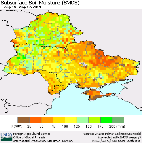 Ukraine, Moldova and Belarus Subsurface Soil Moisture (SMOS) Thematic Map For 8/12/2019 - 8/18/2019