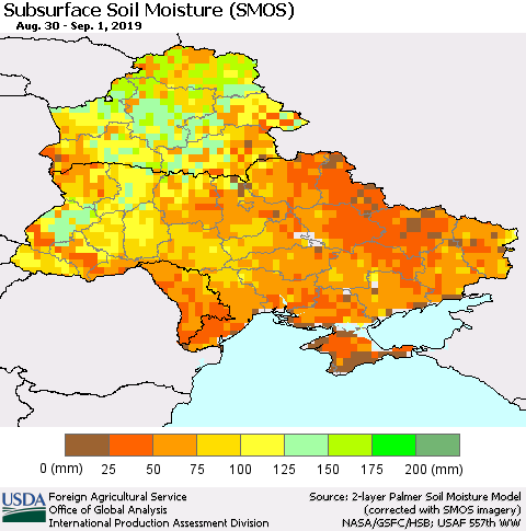 Ukraine, Moldova and Belarus Subsurface Soil Moisture (SMOS) Thematic Map For 8/26/2019 - 9/1/2019