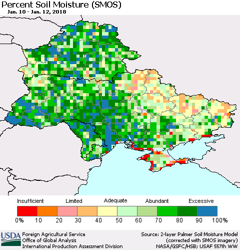 Ukraine, Moldova and Belarus Percent Soil Moisture (SMOS) Thematic Map For 1/8/2018 - 1/14/2018